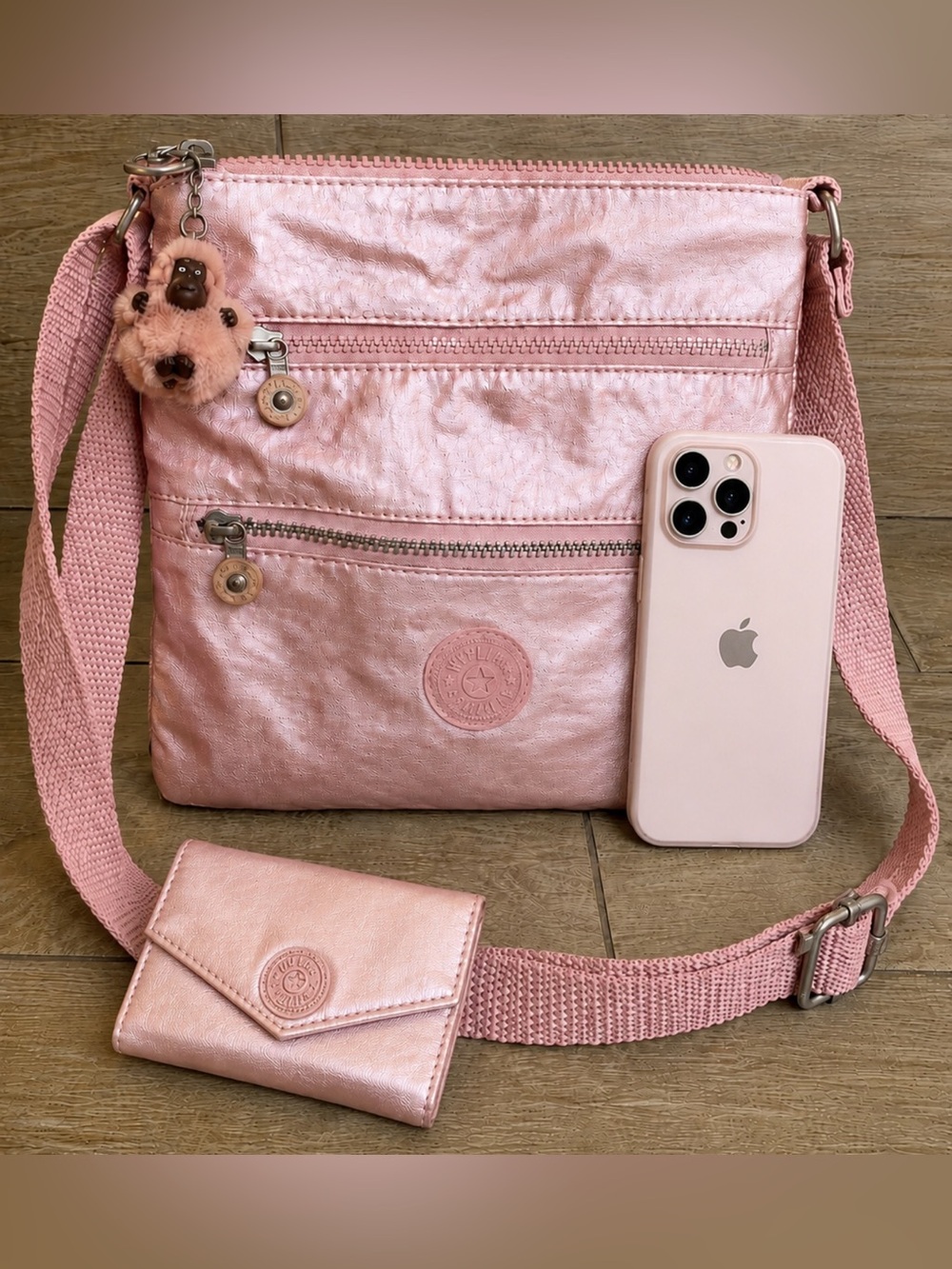 Kipling Keiko Crossbody Metallic Pink Bag w/ Matching Wallet - Gently Used